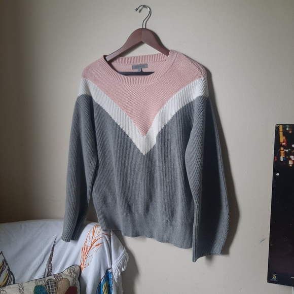 Pink Gray White Cottagecore Geometric Crew Sweater - Picture 6 of 8